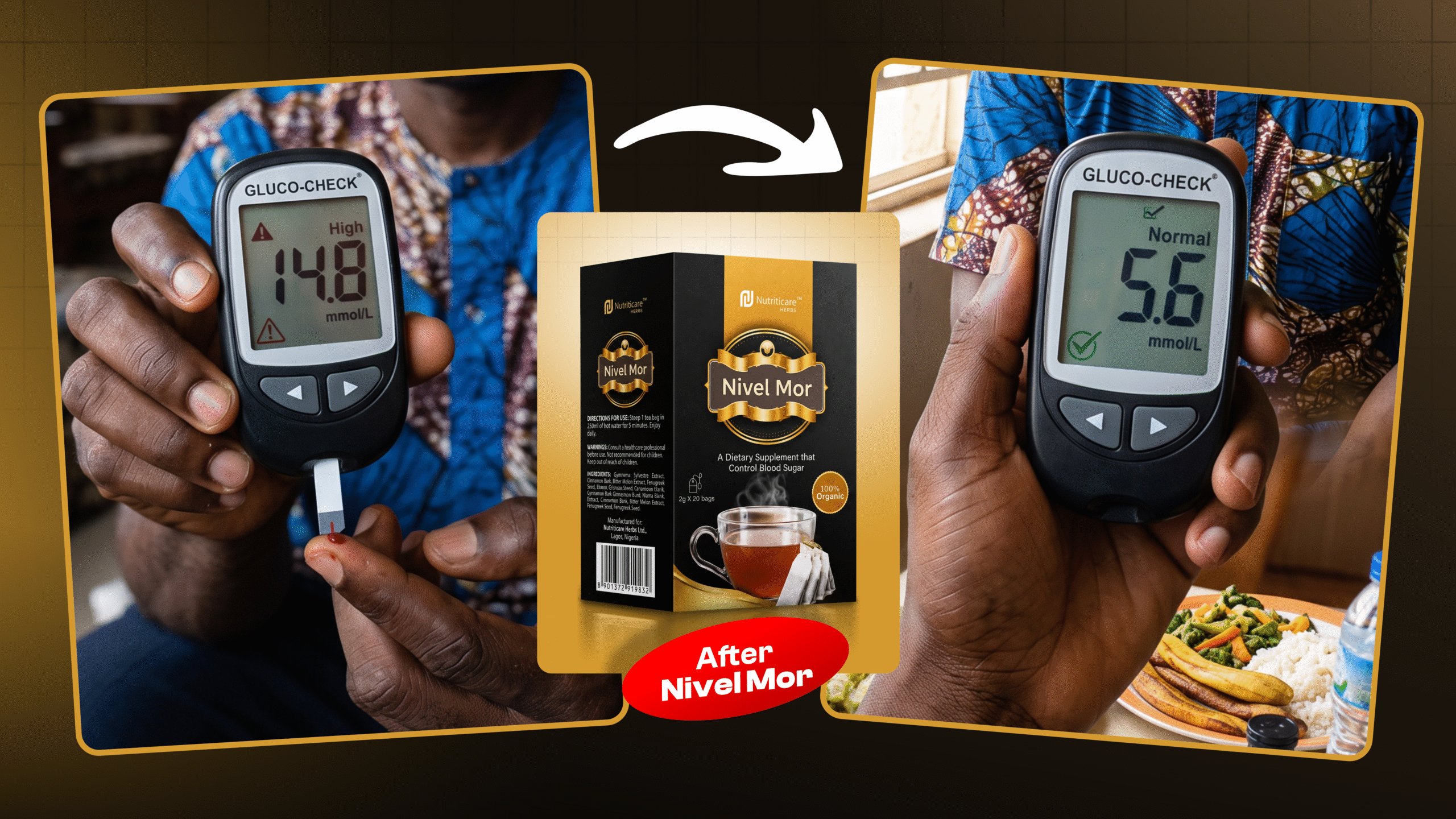 Dramatic before and after glucometer reading using Nivelmor Tea