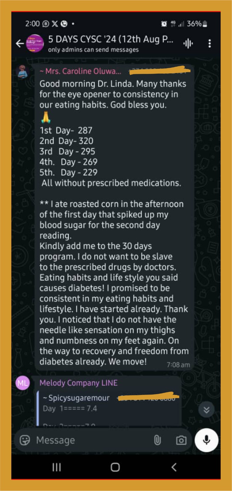 Customer describing their first sugar reading drop after starting Nivelmor Tea